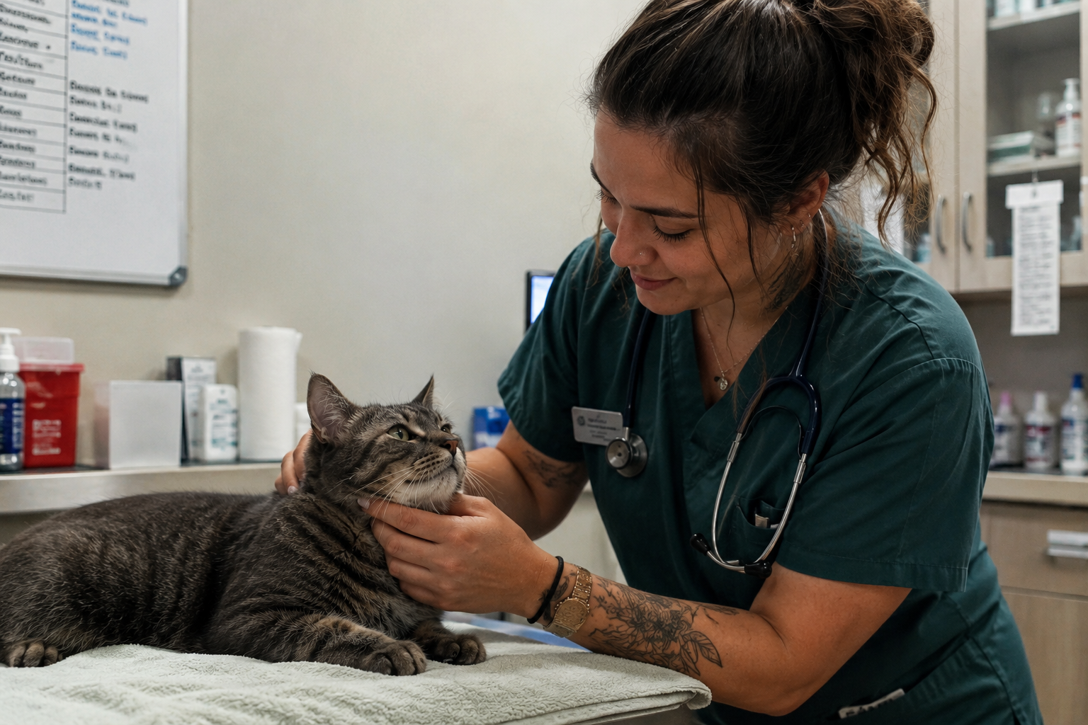 A veterinary technician gently examining a tabby cat in a clinic
